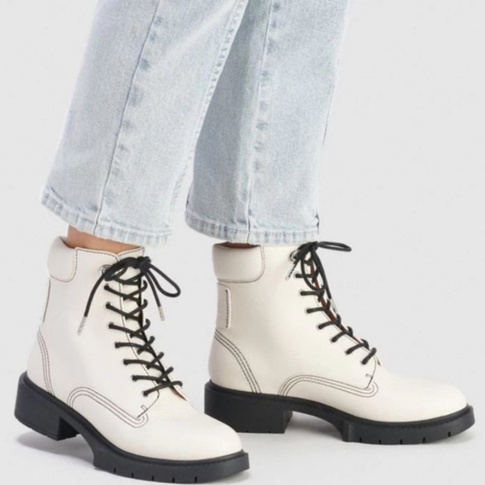 Coach Women's Chalk White Lorimer Leather Lace-Up Lug Sole  Combat Ankle Boots